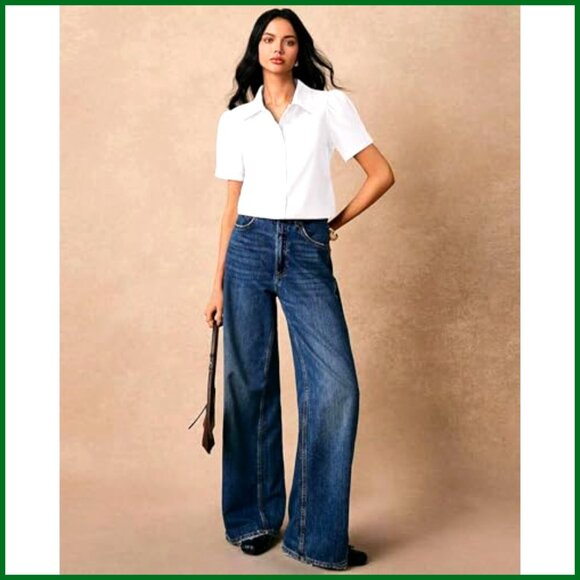 Puff Sleeve Button Down Blouse Fitted Work Top Classic Elegant Business Chic - Picture 3 of 5